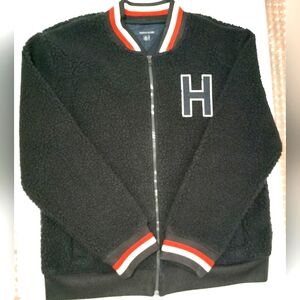 Vintage Tommy Hilfiger Black Sherpa Jacket with Red and White Trim XL